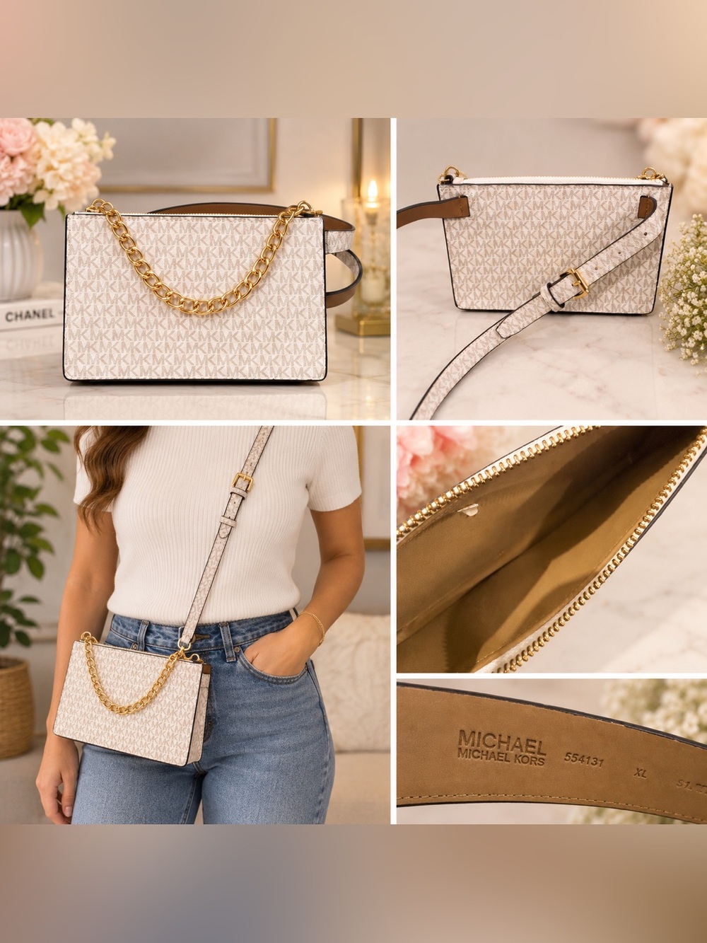 MICHAEL Michael Kors Cream Logo Crossbody with Gold Chain - Picture 1 of 1